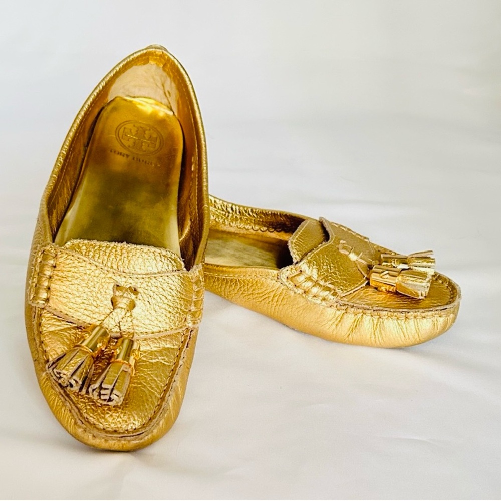 Tory Burch Lawrence Gold Leather Tassel Loafers | Size 8.5 | Fair Condition